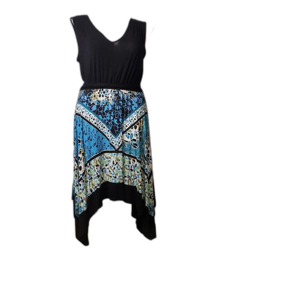 Dressbarn Dress Womens Large Black Blue Sleeveless Handkerchief Hem Boho Floral